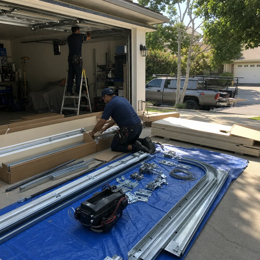 Two professional technicians performing a residential garage door installation