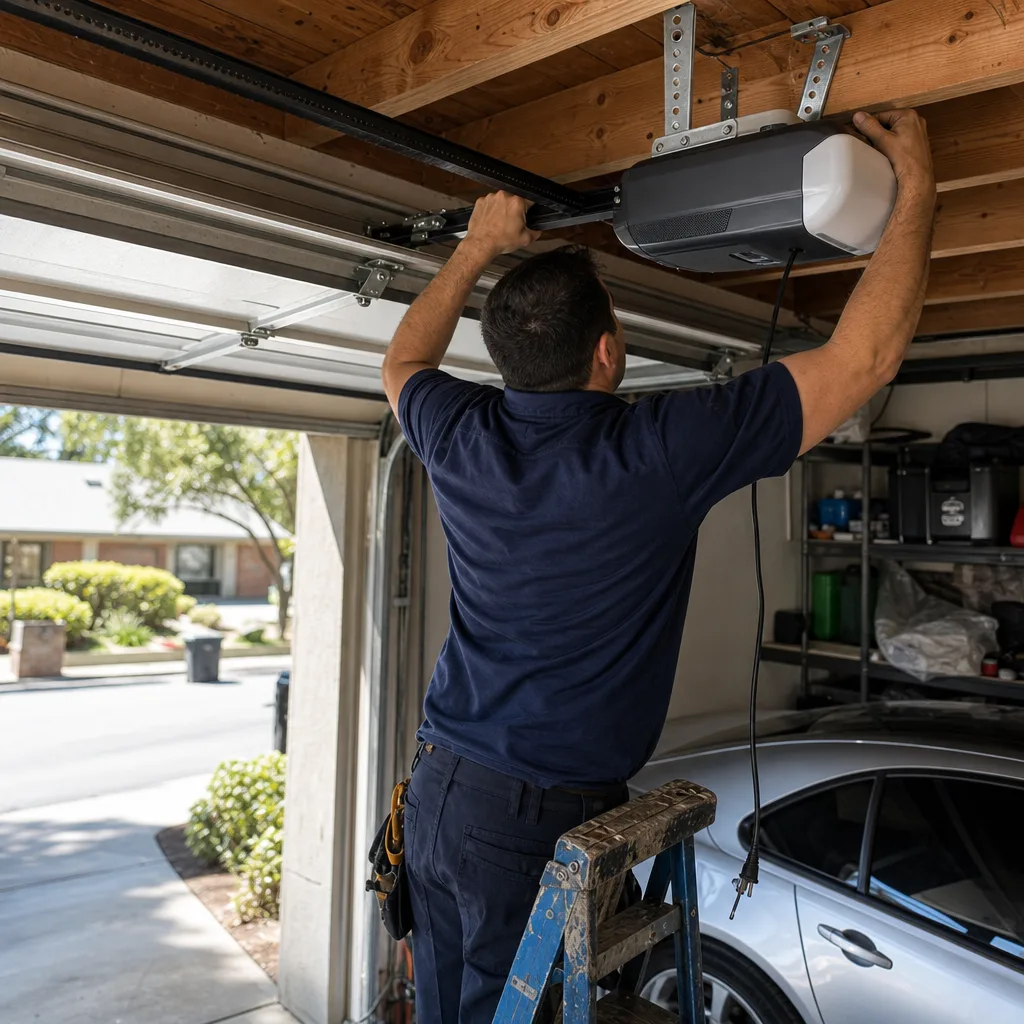 Technician performing garage door opener installation and repair