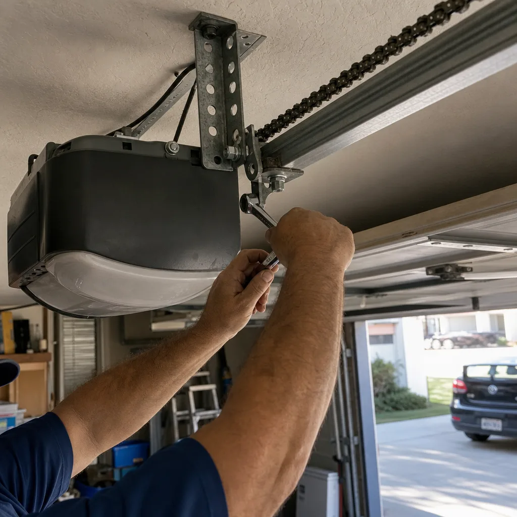 Technician performing professional garage door opener repair and installation
