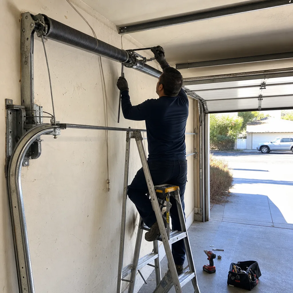 Technician performing professional garage door torsion spring repair on a ladder
